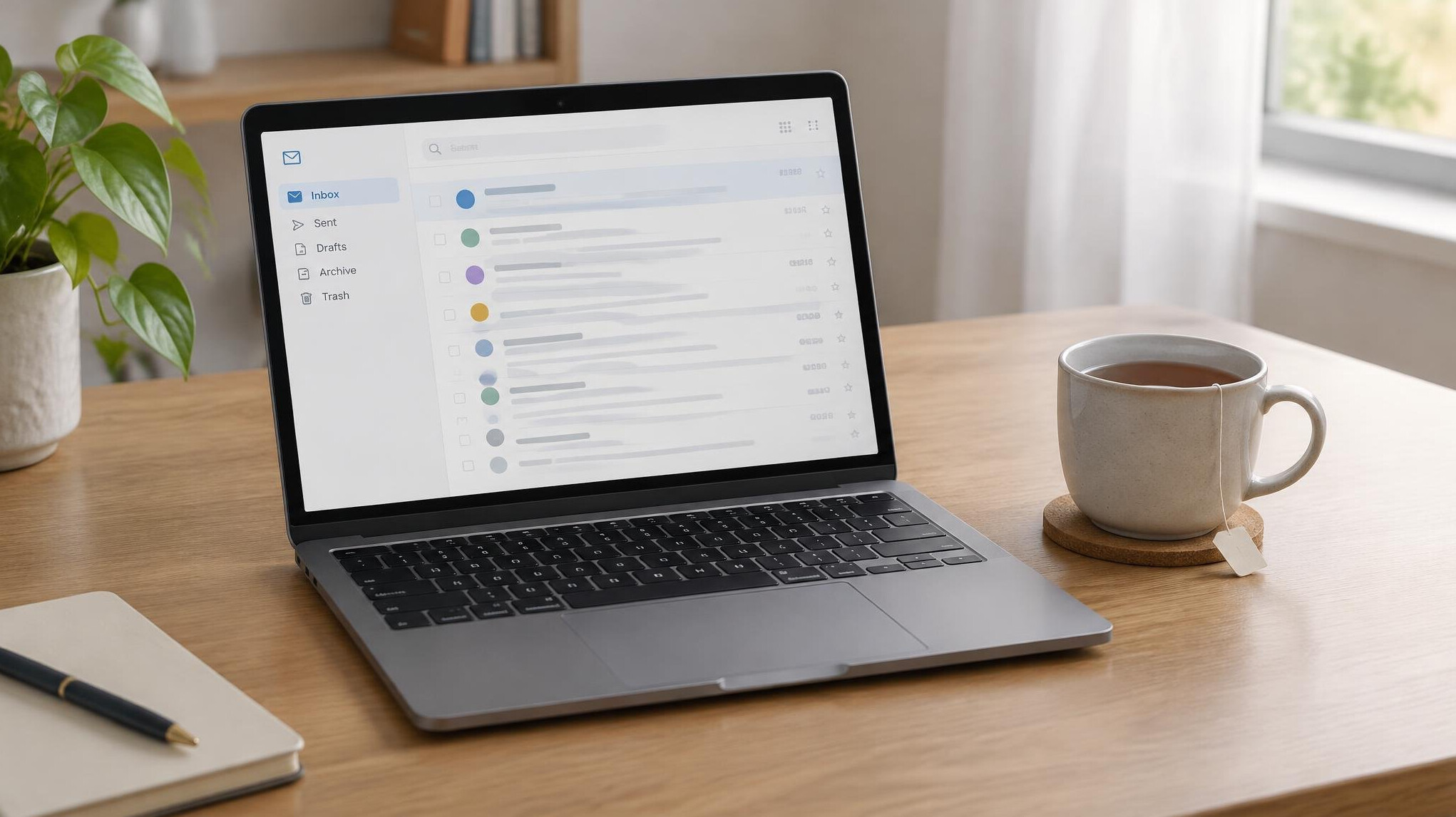 Laptop showing an email inbox on a desk