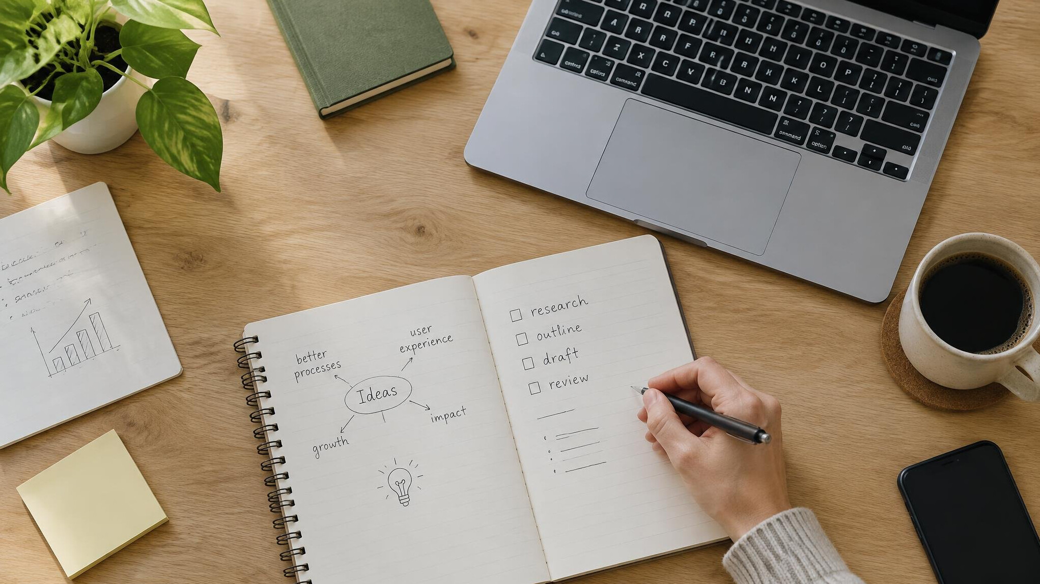 Notes, laptop and coffee on a desk